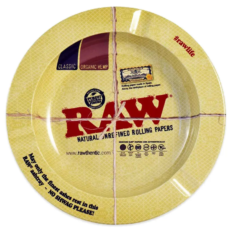 RAW's Metal Ashtray in a 5.5-inch sizing. Circular with the natural RAW fiber logo and branding. 3 cigarette slots.