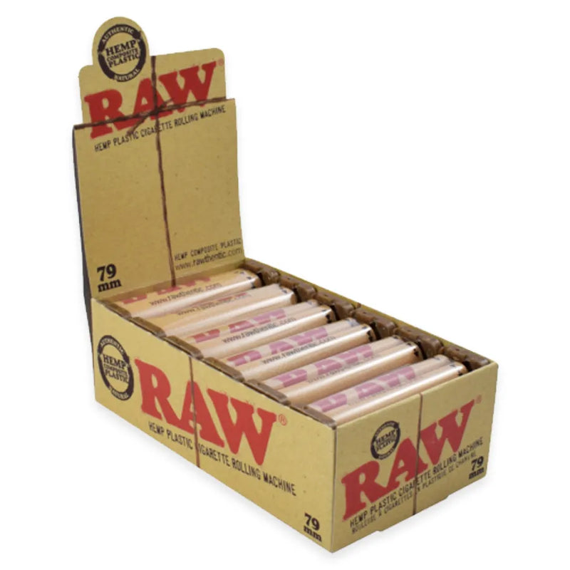 RAW's 1.25-inch rolling machines. Open display box of 12 rolling machines.