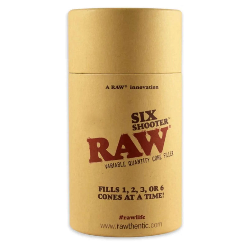 RAW's Six Shooter Cone Filler. Fits up to 6 1.25-Inch pre-rolled cones for easy filling. Cylinder retail display box.
