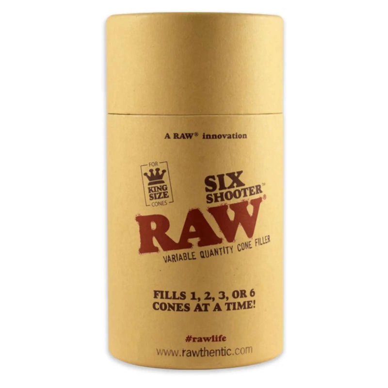 RAW's Six Shooter Cone Filler. Fits up to 6 King Size pre-rolled cones for easy filling. Cylinder retail display box.