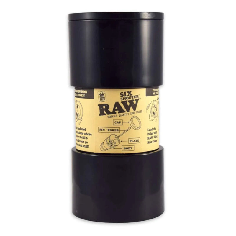 RAW's Six Shooter Cone Filler. Fits up to 6 1.25-Inch pre-rolled cones for easy filling. Six shooter standing up, showing the top plastic compartment, bottom plastic base, and middle instruction paper.
