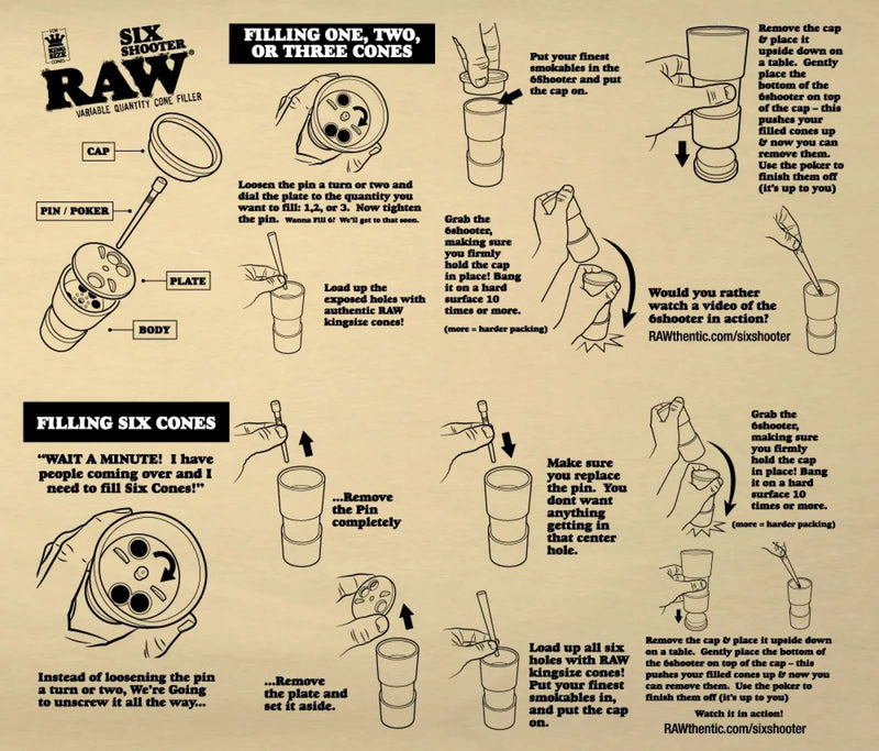 RAW's Six Shooter Cone Filler. Fits up to 6 1.25-Inch pre-rolled cones for easy filling. RAW's paper instruction sheet.