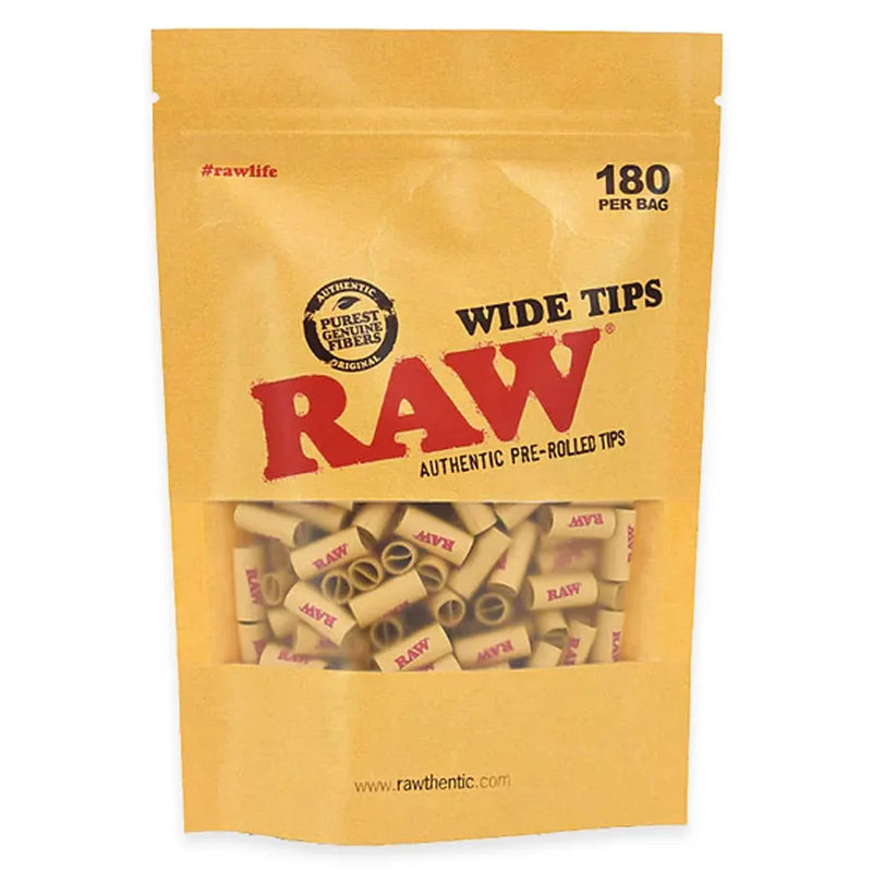 RAW's Pre-Rolled Wide Tips. A paper resealable bag with a rip off top. window near the bottom of the bag showcasing the wide filter tips.