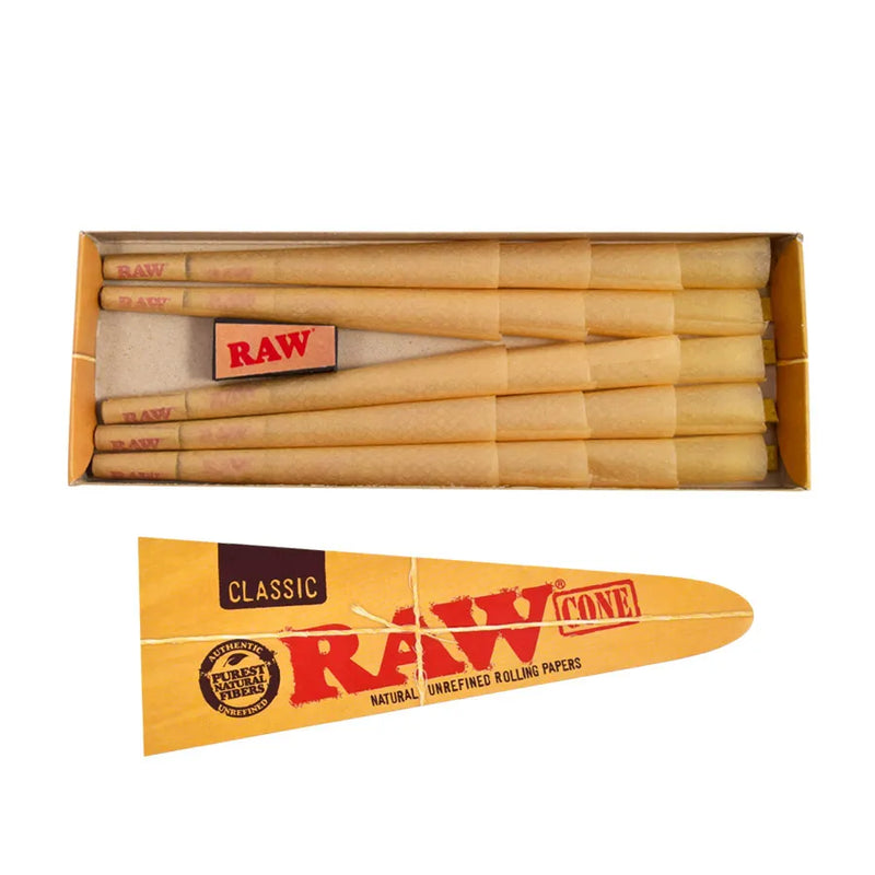 RAW Classic Cones in the 98 special sizing. Open rectangular package containing 20 98 special cones and RAW's foldable cone paper funnel.