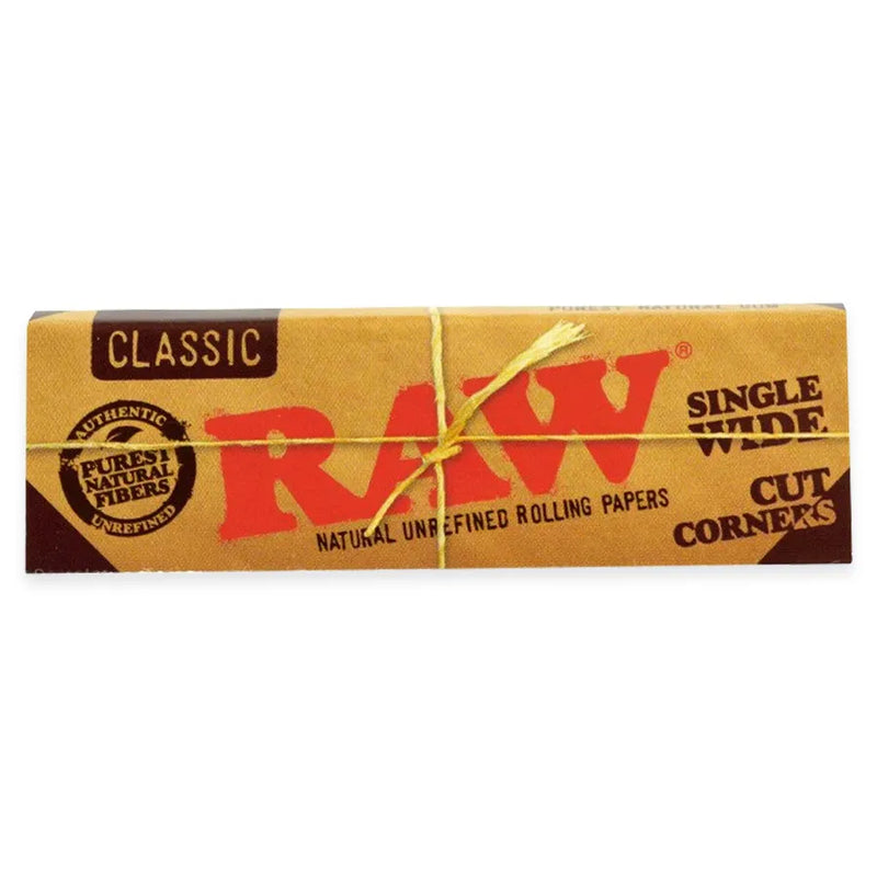RAW Classic Single Wide Cut Corners Rolling Papers. Classic RAW packaging.