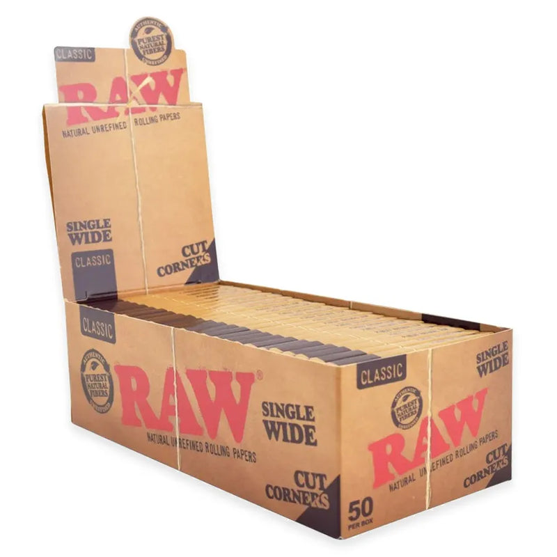 RAW Classic Single Wide Cut Corners Rolling Papers. Classic RAW packaging. Open display box of 50 packs.