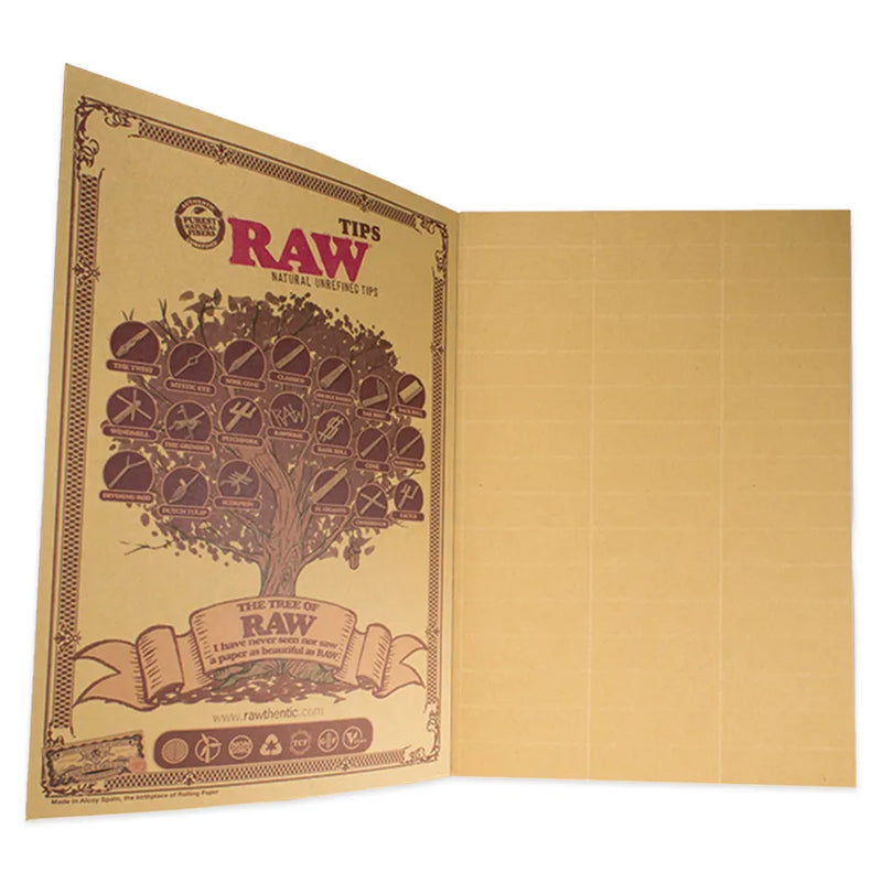RAW's RAWlbook Filter Tip Booklet. A booklet of 480 filter tips. Open book showcasing the tear-able filter tips and inside cover that shows the "Tree of RAW", all different kinds of joints.