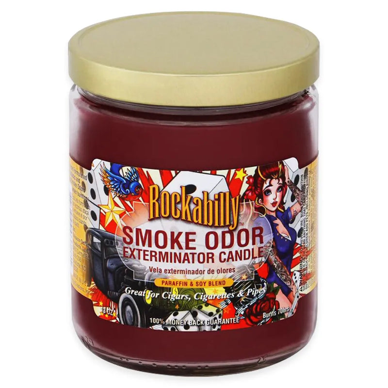 Smoke Odor's 13oz jar candle in a Rockabilly scent. Brown wax colour, gold lid, glass jar. Smoke Odor branded sticker features various Vegas themed decals.