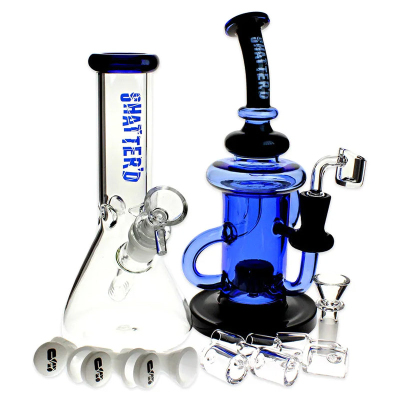 Shatter'd Glassworks Herb and Dab Package in a blue colour. Basic beaker bong, full colour recycler rig, 3 dab bangers, and 3 dry-herb bowls.