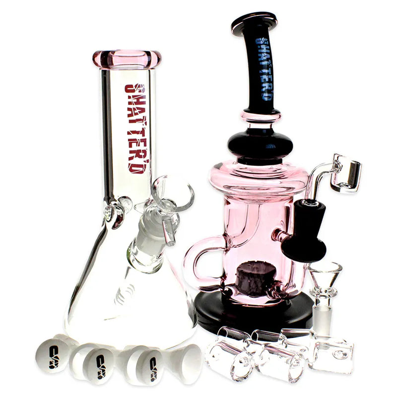 Shatter'd Glassworks Herb and Dab Package in a pink colour. Basic beaker bong, full colour recycler rig, 3 dab bangers, and 3 dry-herb bowls.
