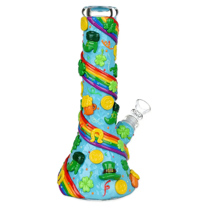 St. Patrick's Day - Rainbows and Gold Glow in the Dark Beaker Water Pipe - 10"