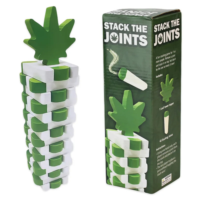 Stack The Joints game. A jenga inspired game played with joint shaped wooden pieces. Decorative hemp leaf topper and display storage box.