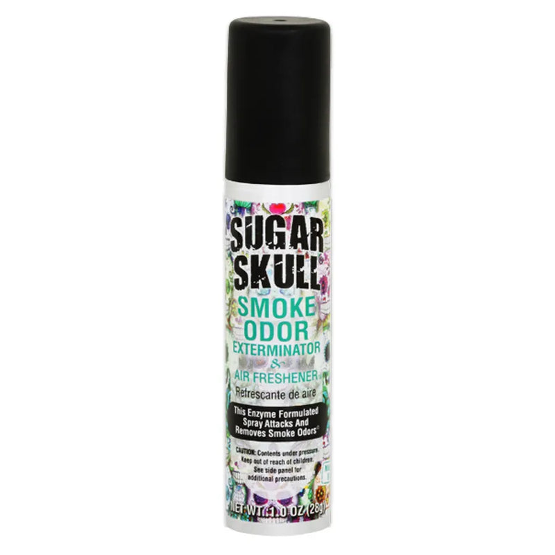 Smoke Odor's 1oz exterminator spray in a Sugar Skull scent. Silver bottle, black cap. The Smoke Odor branded sticker features various sugar skulls.