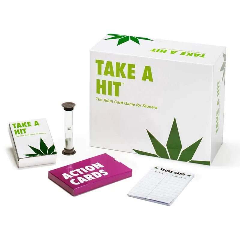 The Take A Hit Card Game. Showcasing the box the cards come in, the deck, action cards, score cards, and an hourglass.