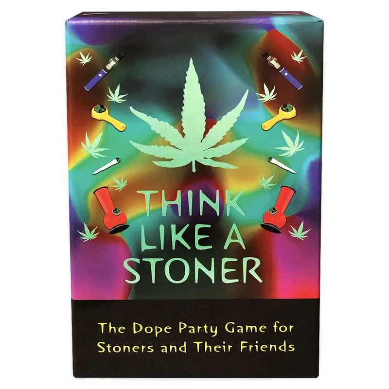 The Think Like A Stoner card game. Psychedelic coloured and patterned box, adorned with weed accessories, a hemp leaf, and the game's title underneath. The Dope Party Game for Stoners and Their Friends.