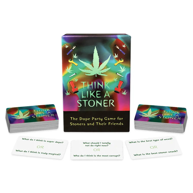 The Think Like A Stoner card game. Psychedelic coloured and patterned box, adorned with weed accessories, a hemp leaf, and the game's title underneath. The Dope Party Game for Stoners and Their Friends. 2 stacks of cards are on the left and right side of the box and their are 3 stacks of individual cards in front of the box showcasing the game's aspects.