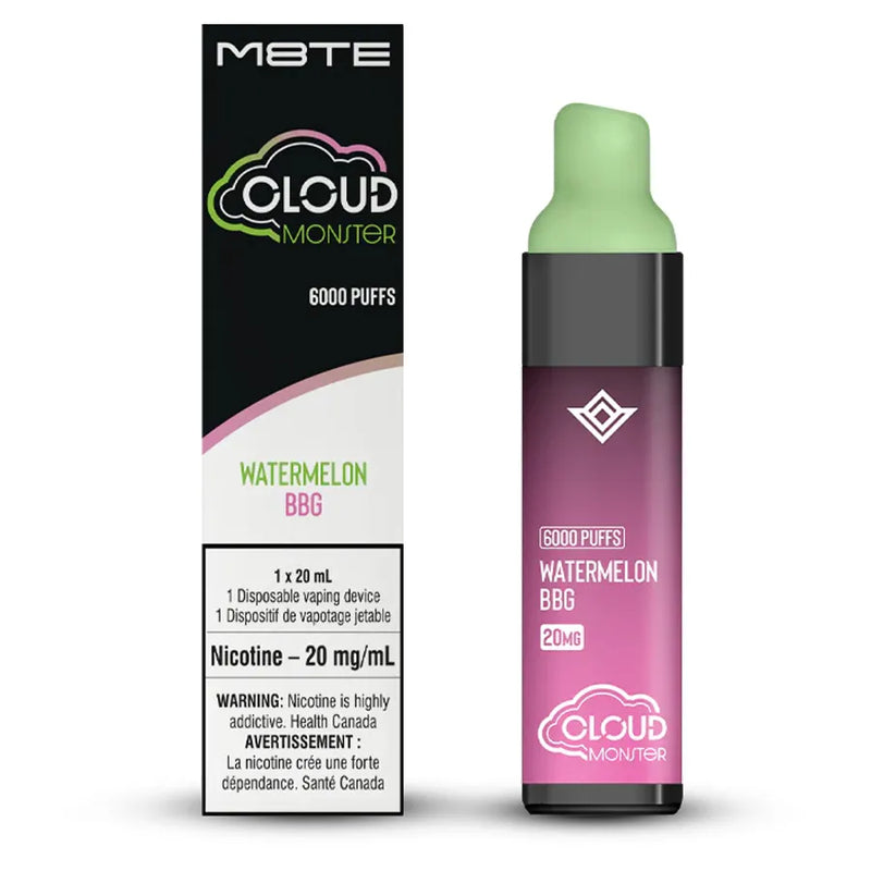 M8te's Cloud Monster disposable vaporizer. A tall rectangle looking vaporizer with a silicone mouthpiece. In a Watermelon Bubble Gum flavour. The display box next to it shows the retail packaging. 1 x 20mL vaporizer. Nicotine level of 20mg/ml.