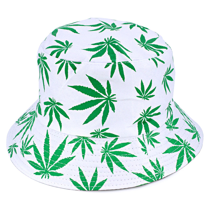Bucket Hat w/ Hemp Leaf Print - White & Green