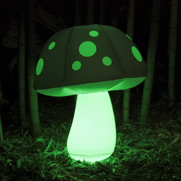 Pulsar's inflatable mushroom with an led light. 3 foot length. A white stemmed mushroom with a red cap with white polka-dots. Showcasing the mushroom changing colours depending on the LED light settings.