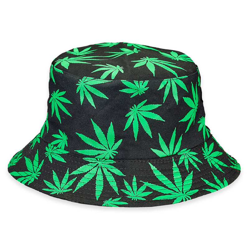 Bucket Hat w/ Hemp Leaf Print - Black & Green