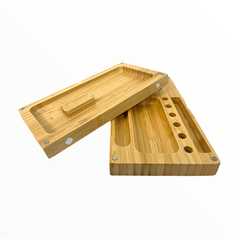 Folding Magnetic 2-Piece Bamboo Rolling Tray - 8.6" x 8.6"