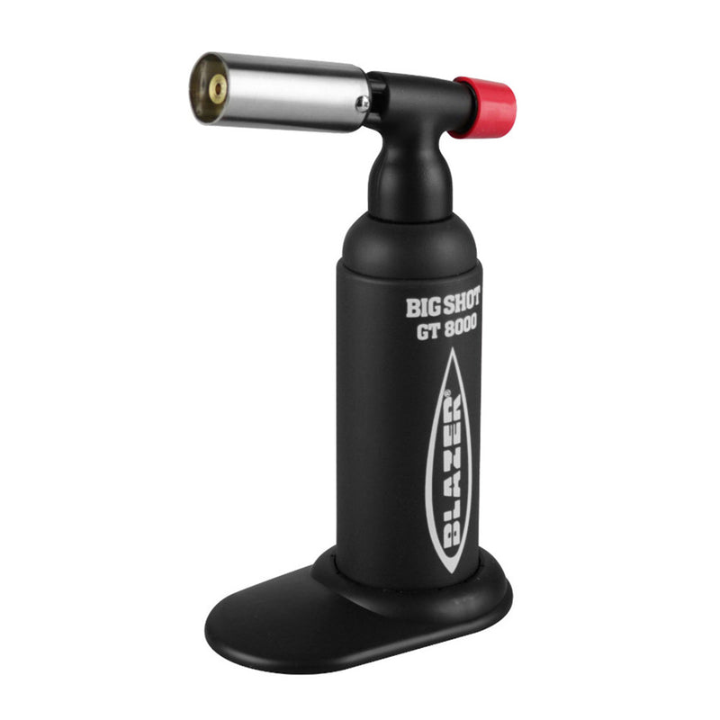 Blazer's Big Shot GT8000 Torch. A high quality torch in a black colour way with a plastic stand. Red adjustment dial and long silver nozzle. 
